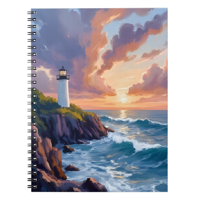 Carnet Phare côtier au coucher du soleil | Peinture de pl (Devant)