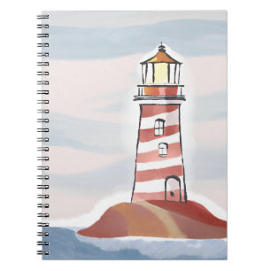 Carnet Phare rouge et blanc   Aquarelle d'océan de plage