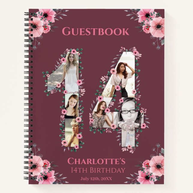 Carnet Photo Collage 14th Birthday Pink Flower Guest Book (Devant)