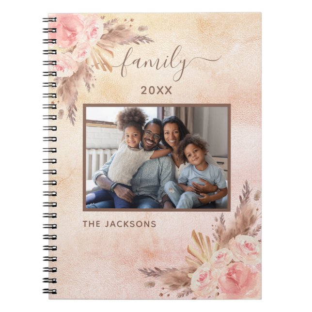 Carnet Photo de famille pampas herbe rose or rose fleuron (Devant)