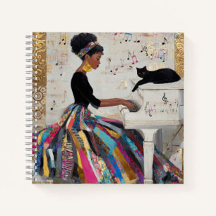 Carnet Pianiste noire en feuille d'or et chat