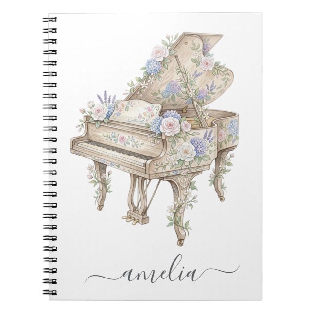 Carnet Piano à queue élégant personnalisé avec fleurs (Devant)