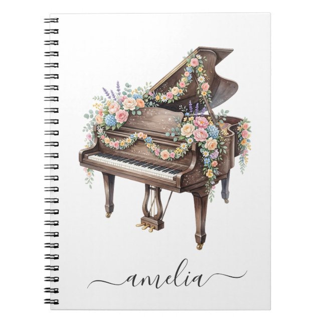 Carnet Piano à queue élégant personnalisé avec fleurs (Devant)