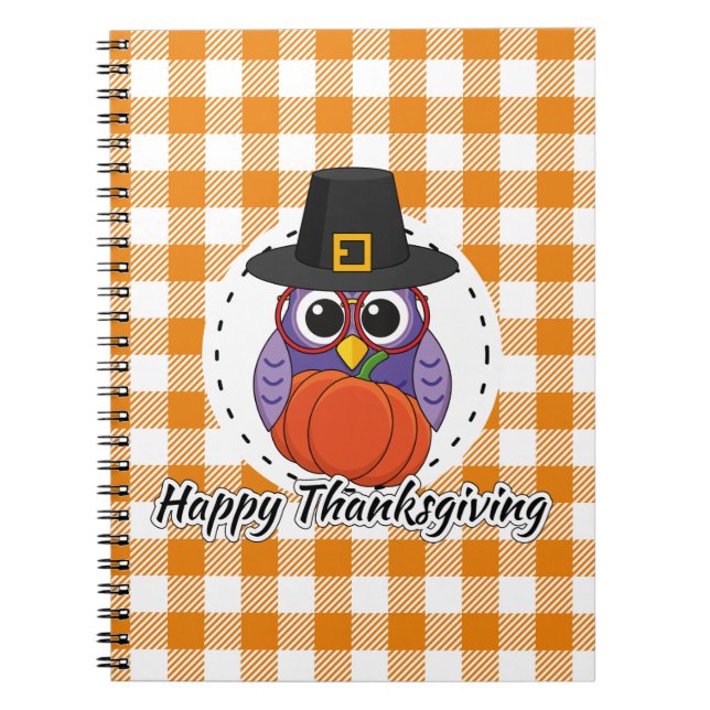 Carnet Pilgrim owl on Orange Plaid - Happy Thanksgiving (Devant)