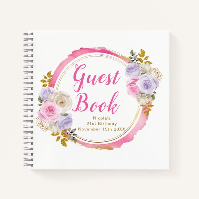 Carnet Pink and Purple Elegant Flower Birthday Guest Book (Devant)