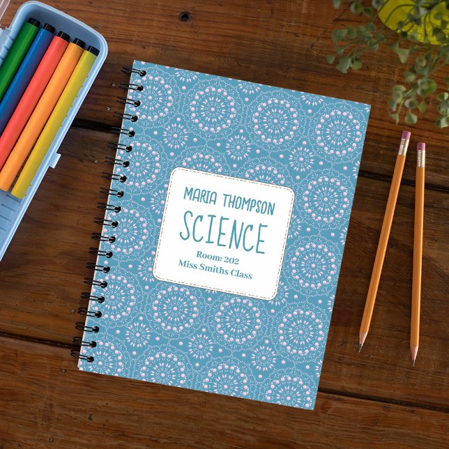 Carnet Pink Blue Modern Personnalisé (School subject whimsical pink and blue spiral notebook)