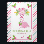 Carnet Pink Flamingo Tropical Christmas<br><div class="desc">A whimsical tropical christmas notebook. A fancy pink flamingo with a leg raised up. Wearing a pink santa hat and some seasonal holly. Holly with berries also decorate the corners. A floral bouquet with candy canes above her head. A pink and green candy cane striped background. Personalize with your name...</div>