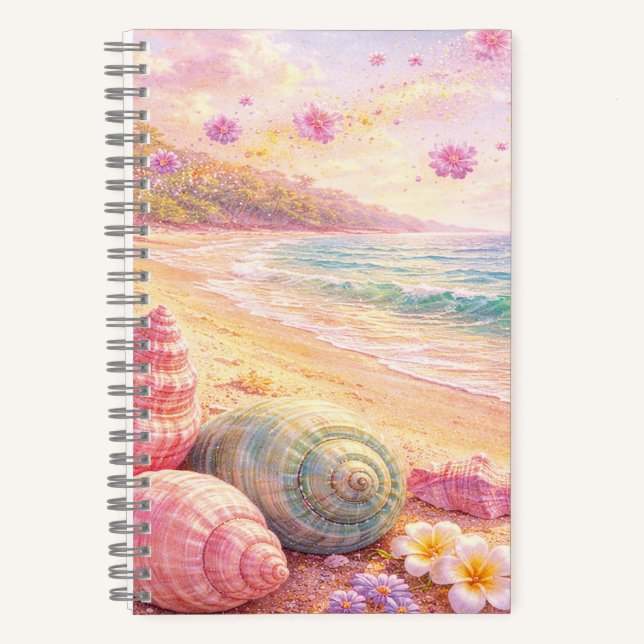 Carnet Pink Ocean Beach Shells Flowers Fantasy Landscape (Recto)