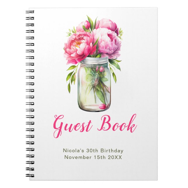 Carnet Pink Peonies Mason Jar Birthday Party Guest Book (Devant)