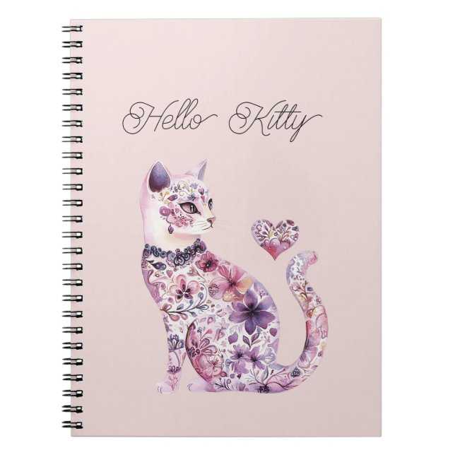 Carnet Pink Purple Blush Flowers Heart Love Cat  (Devant)