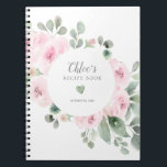 Carnet Pink Rose Eucalyptus Bridal Shower Recipe Book<br><div class="desc">The brides name and her wedding date surround a soft watercolor green heart. An elegant pink rose and sage green botanical square frame the text and heart. This notebook is part of the Pink Rose Botanical collection that contains many coordinating items to make your bridal shower planning easy. You should...</div>