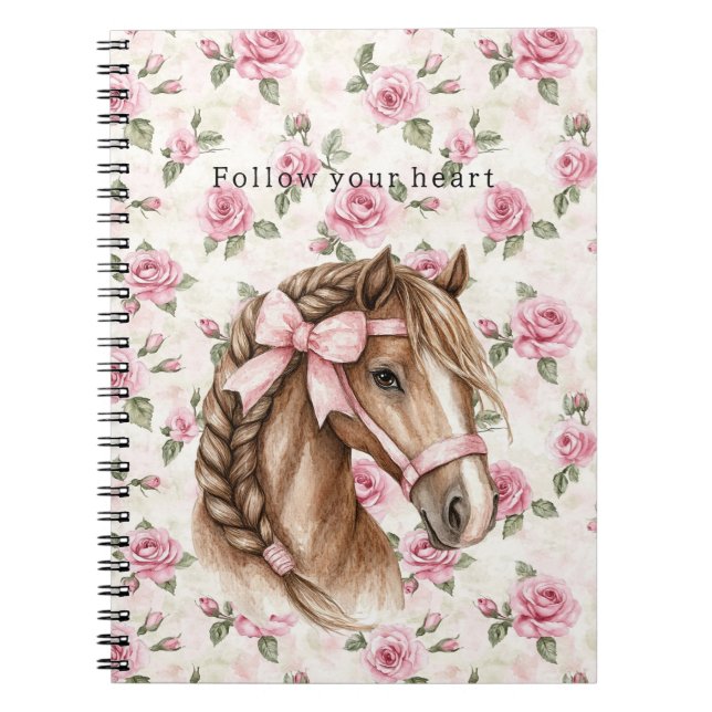 Carnet Pink Roses Floral Pretty Horse Pink Bow (Devant)