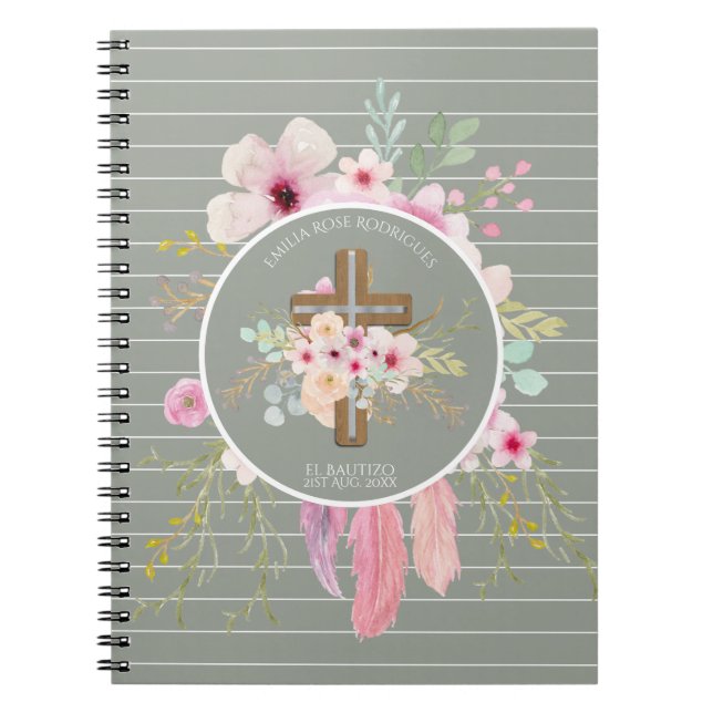 Carnet Pink Sage Floral Croix BAUTIZO Baptême Bautismo (Devant)
