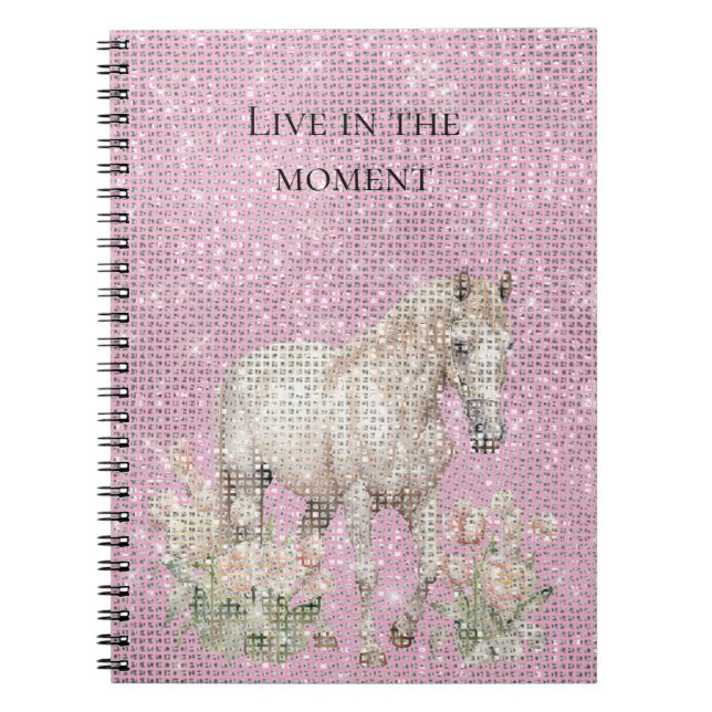 Carnet Pink White Horse Floral Sparkle  (Devant)