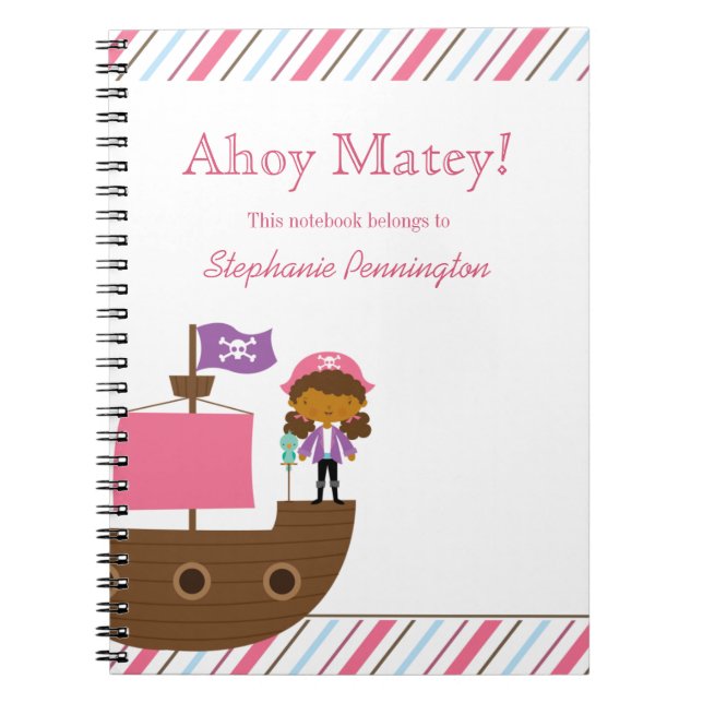 Carnet pirate personnalisé de fille rose mignonne (Devant)