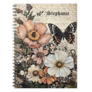 Carnet Pivoine papillon botanique vintage