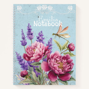 Carnet Pivoines élégantes monogramme bleu lavande rose vi