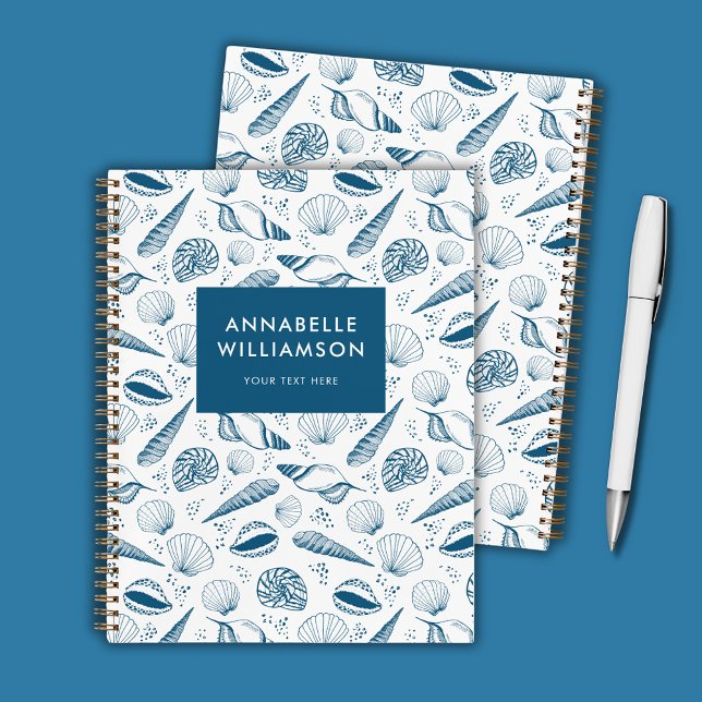 Carnet Plage bleu coquillage et blanc (Seashell blue and white personalized notebook)