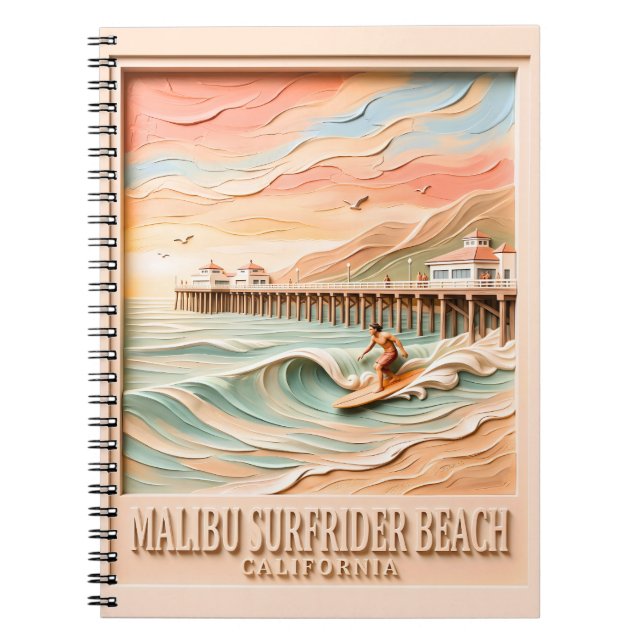 Carnet Plage de Surfrider à Malibu Surfant Texte 3D Vinta (Devant)