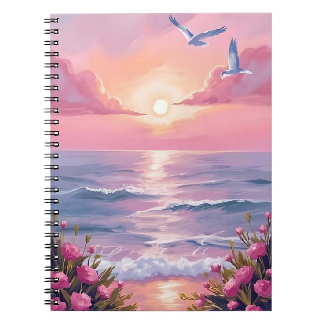 Carnet Plage rose | Aquarelle côtière de coucher de solei (Devant)