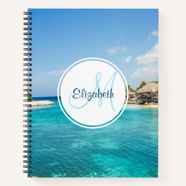 Carnet Plage tropicale pittoresque avec Monogramme de hut (Devant)