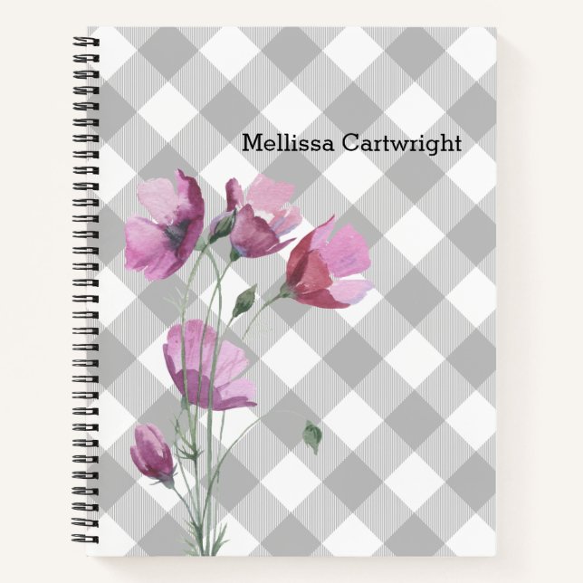 Carnet Plaid Buffalo personnalisé et fleurs roses (Devant)