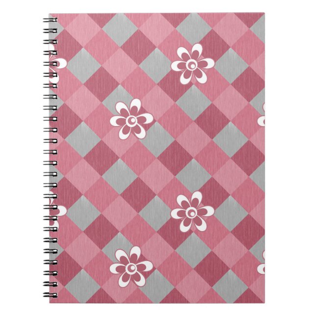 Carnet Plaid gris et rose avec fleurs camomilaires (Devant)