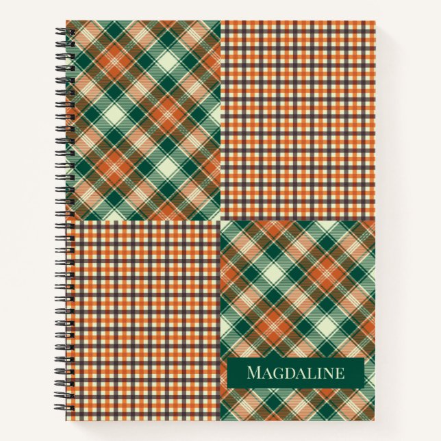 Carnet Plaid moderne vérifié personnalisé vert orange (Devant)