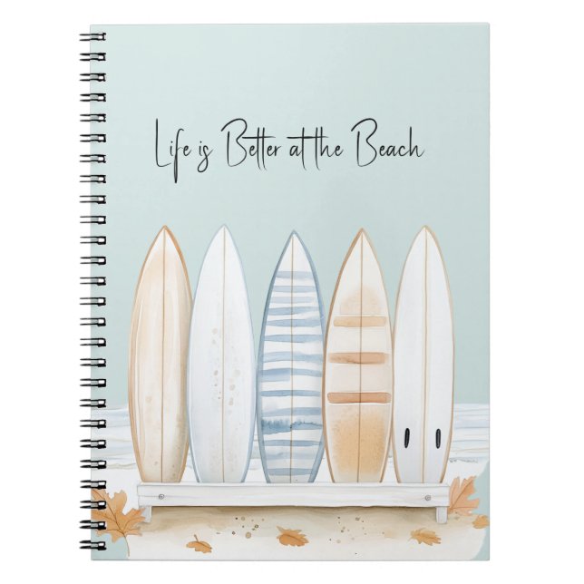 Carnet Planches de surf Crème Blanc Bleu Brun Feuilles  (Devant)