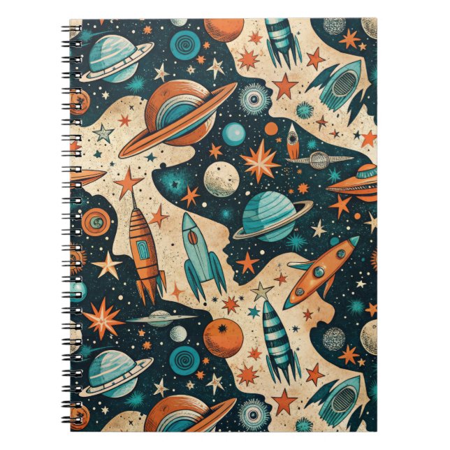 Carnet Planètes de fusée spatiale rétro Orange sarcelle N (Devant)