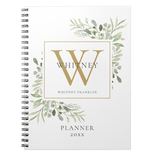 Carnet Planificateur de nom de monogramme de verdure élég (Devant)