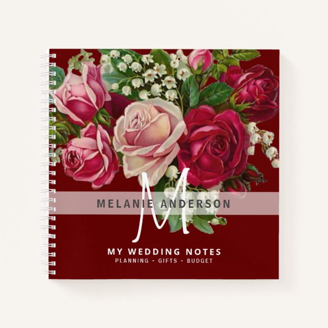 Carnet Planification de mariage à monogramme de roses ros (Devant)
