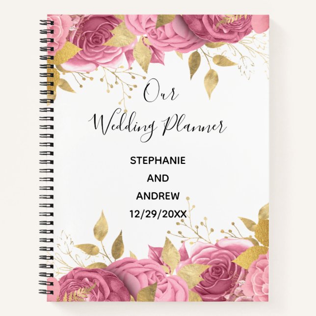 Carnet Plans de mariage élégants aux feuilles de rose dor (Devant)