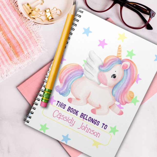 Carnet Plaque de bibliothèque Pastel rainbow unicorn nom (Créateur téléchargé)