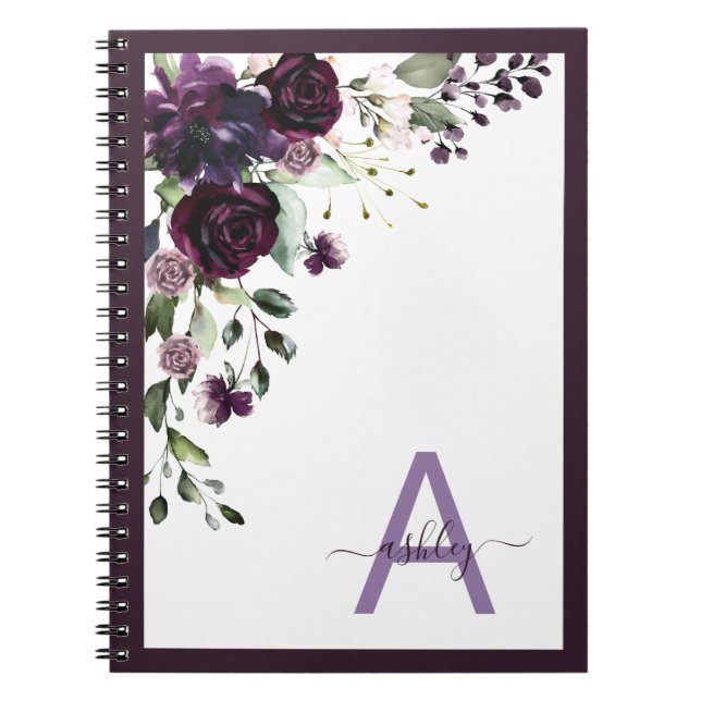 Carnet Plum Purple Floral Nom du script Monogramme initia (Devant)