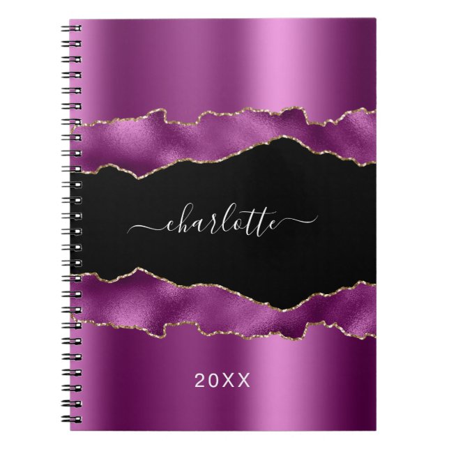 Carnet Plum violet noir agate marbre nom script (Devant)