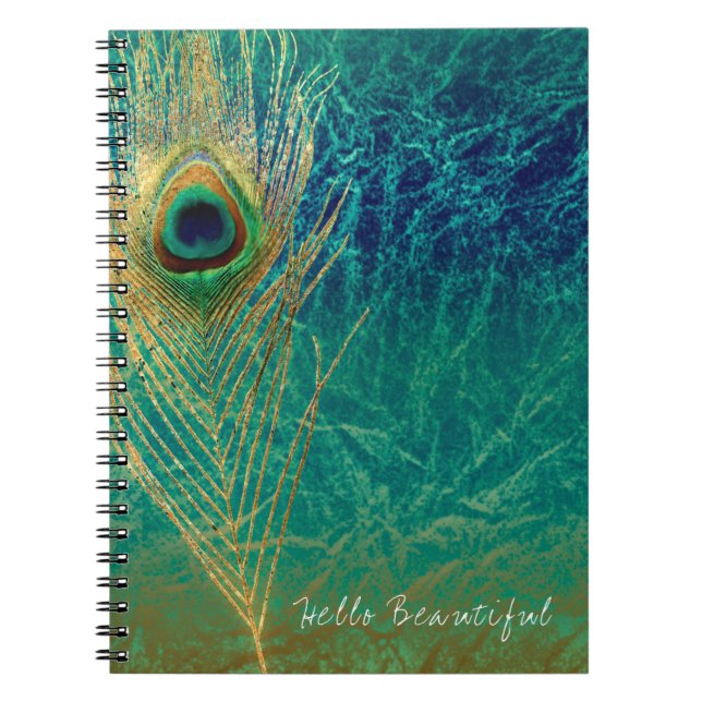 Carnet Plume de paon bleu sarcelle or glamour boho chic (Devant)
