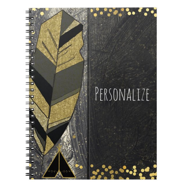 Carnet Plume Dessiné à la Main & Tipi Or Noir Boho Glamou (Devant)