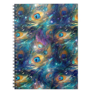Carnet Plumes de paon peintes en bleu aqua
