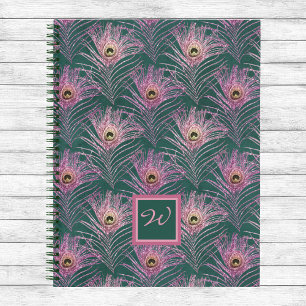 Carnet Plumes de paon rose et Monogramme sur Deep Green