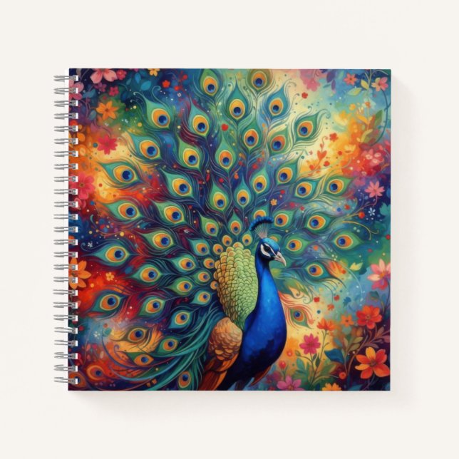 Carnet Plumes et fleurs de paon colorés (Devant)