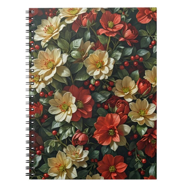 Carnet Poinsetia, fleurs rétro en rouge et vert (Devant)