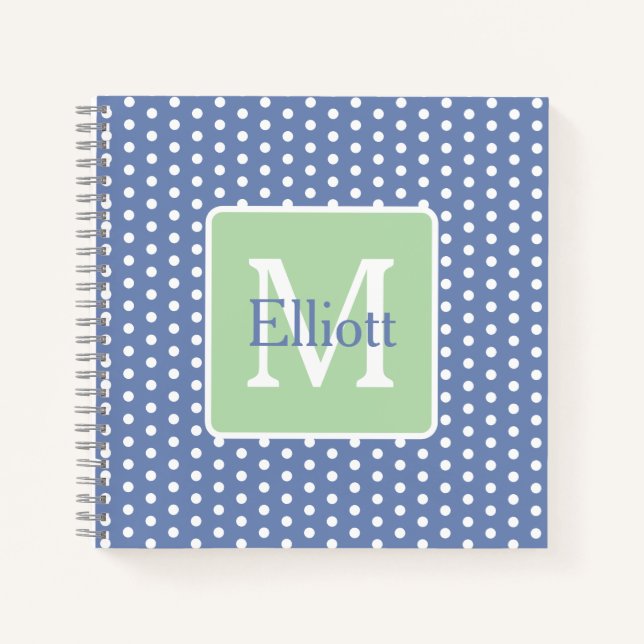 Carnet Points Bleus et Blancs avec Monogramme Vert (Devant)