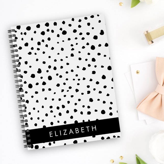 Carnet Points dalmatiens, Spots, Noir et Blanc, Votre nom (Créateur téléchargé)