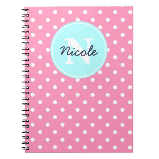 Carnet Points roses et bleus, initiale, et nom (Devant)