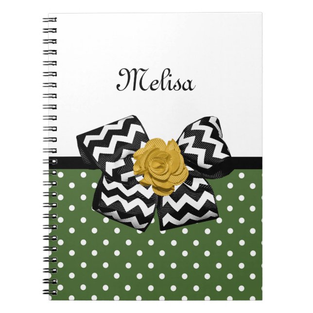 Carnet Points verts mignons Rose jaune Chevron Bow et nom (Devant)