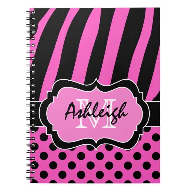 Carnet Pois à rayures blanches roses personnalisées (Devant)
