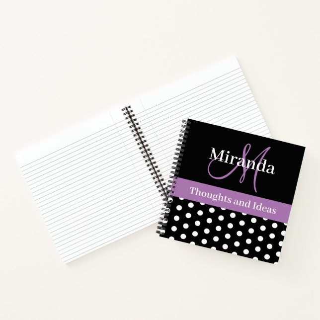 Carnet Pois de script de monogramme noir blanc violet (Intérieur)