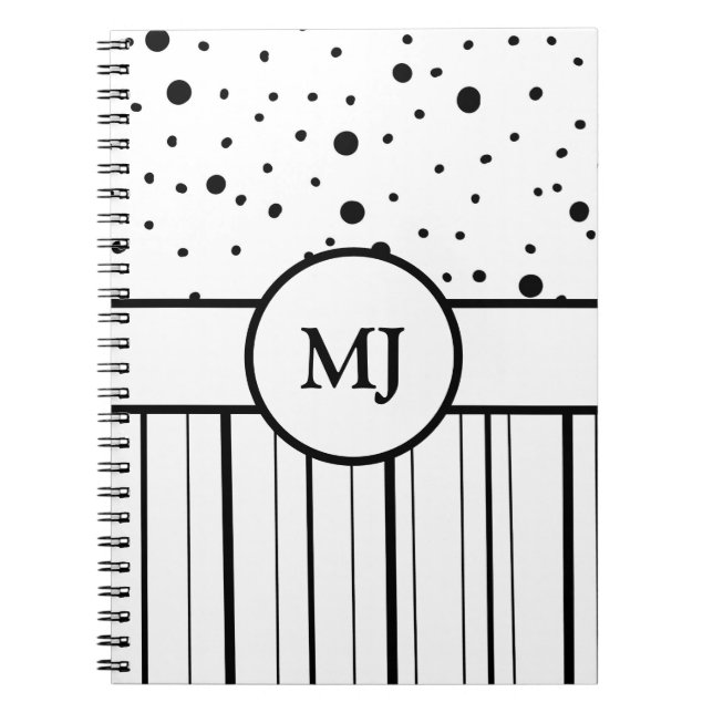 Carnet Pois et rayures noirs noirs monogrammes (Devant)