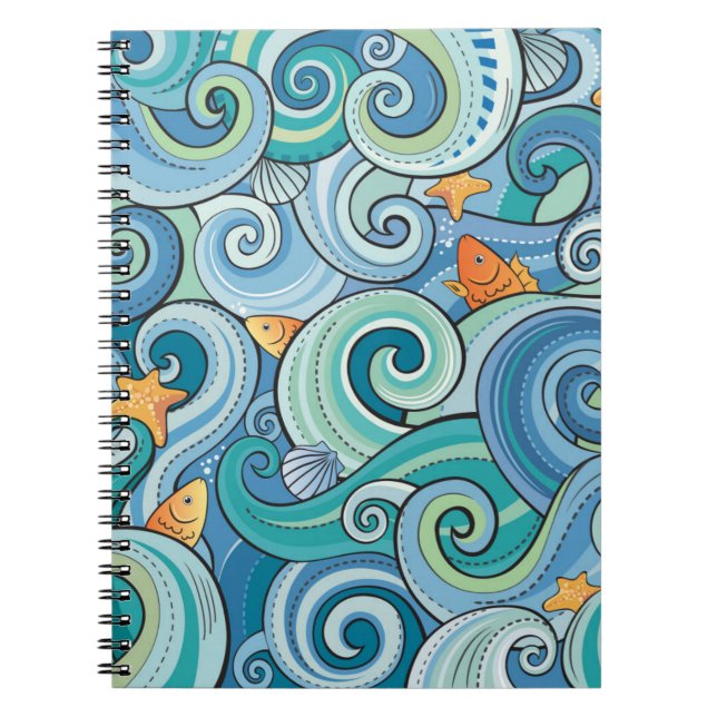 Carnet Poissons parmi le motif de vagues (Devant)